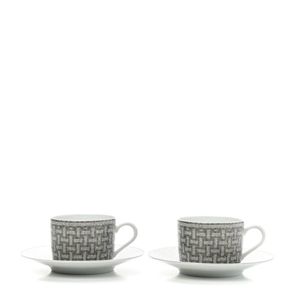 Hermes Porcelain Mosaique Au 24 Platine Tea Cup And Saucer Set Of 2 Platinum 3 of 12