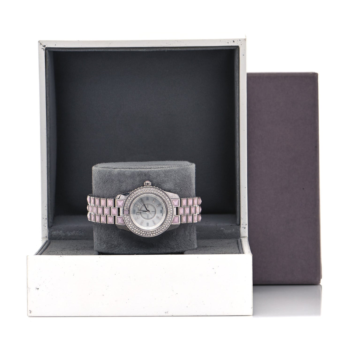 Stainless Steel Diamond Pave Bezel Sapphire 29mm Christal Quartz Watch Pink