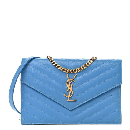 Saint Laurent Grain De Poudre Matelasse Chevron Monogram Envelope Chain Wallet Blue Clair 1 of 4