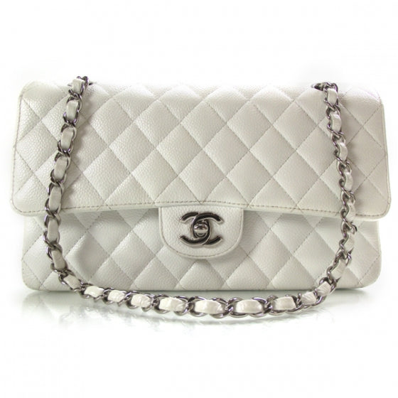 Caviar Quilted Medium Double Flap White