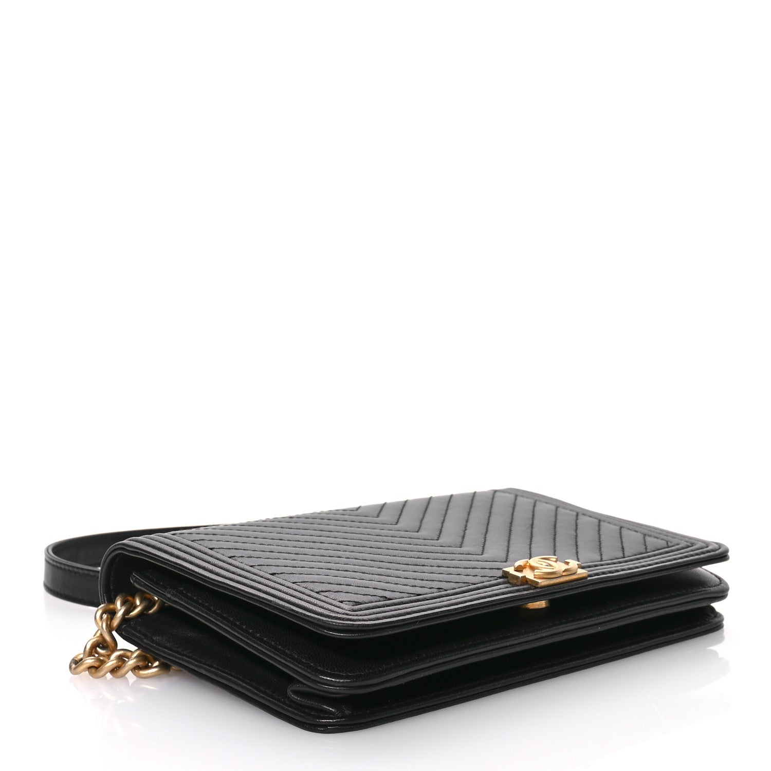 Chanel LAmbskin Chevron Boy Wallet On Chain WOC Black 4 of 12