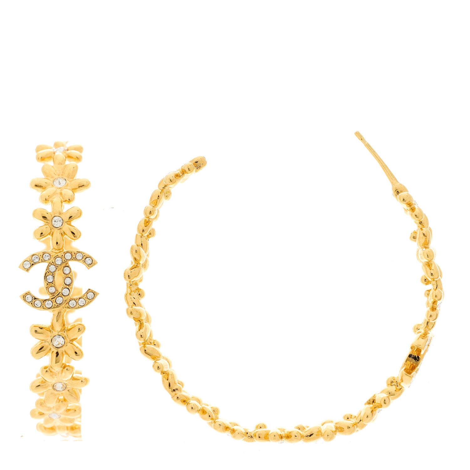 Chanel Metal Strass Crystal Flower CC Hoop Earrings Gold 1 of 4