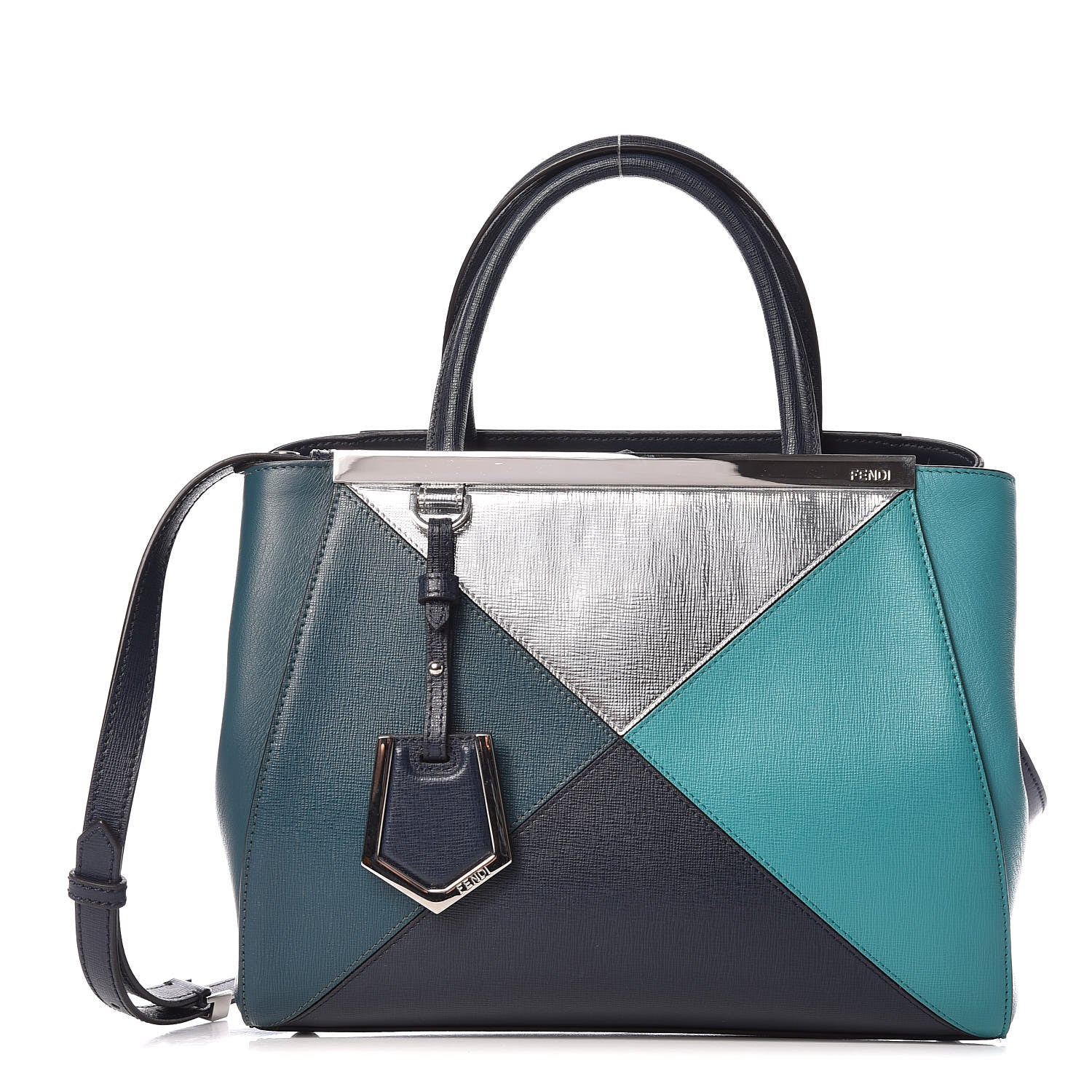 Fendi Vitello Elite Colorblock Petite 2Jours Tote Lavagna Oceano Argento 1 of 11
