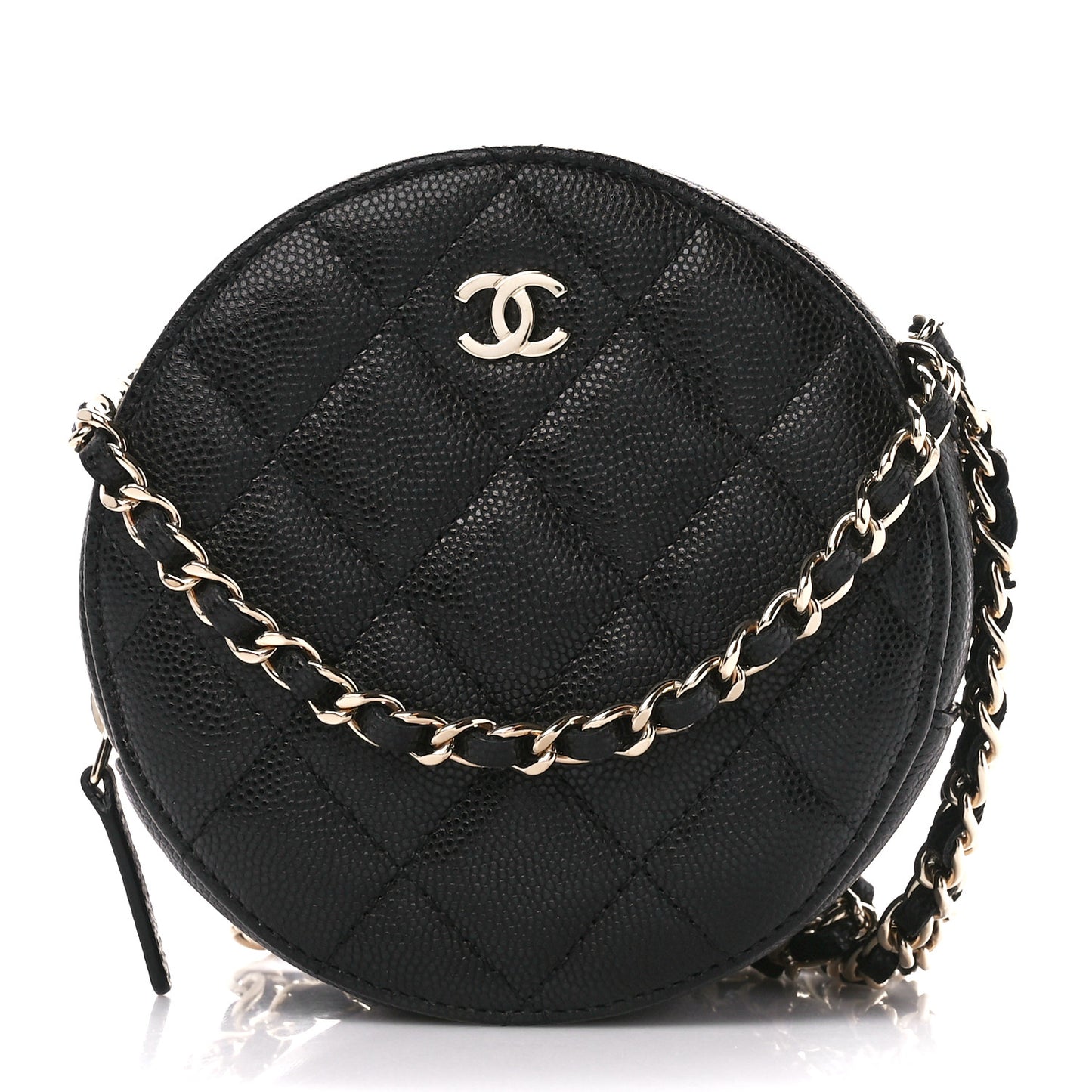Caviar Quilted Round Clutch With Chain Black
