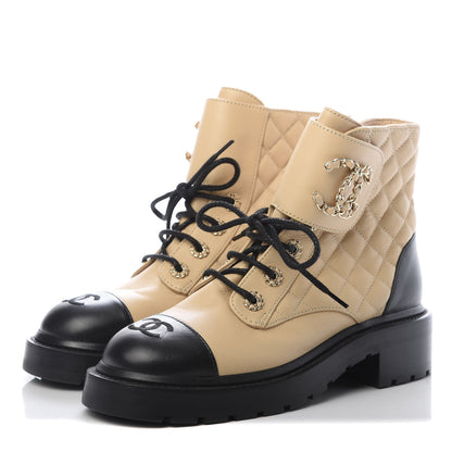 Chanel Shiny Lambskin Quilted Lace Up Combat Boots 37.5 Beige Black 3 of 7