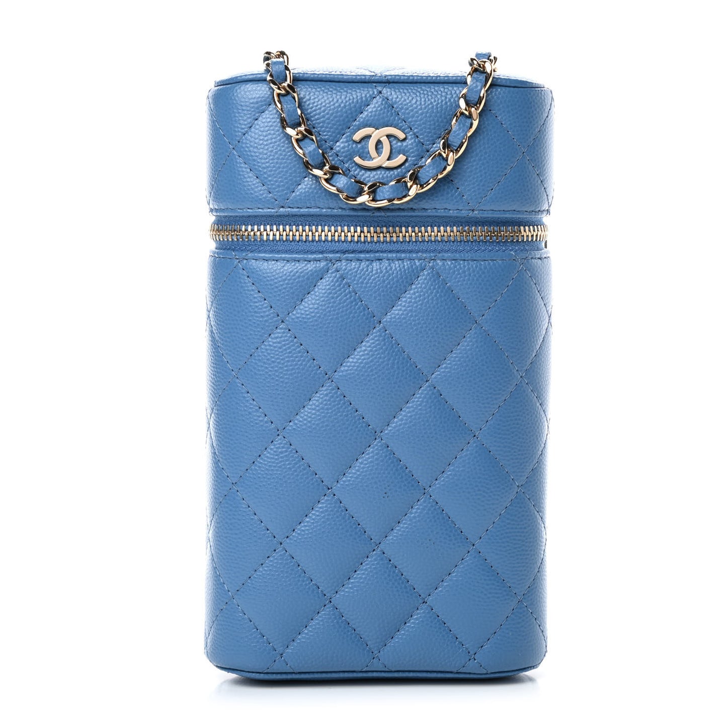 Caviar Quilted Phone Holder With Chain Blue