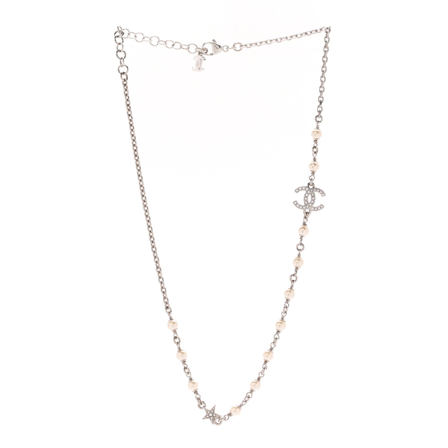 Crystal Pearl CC Star Necklace Silver