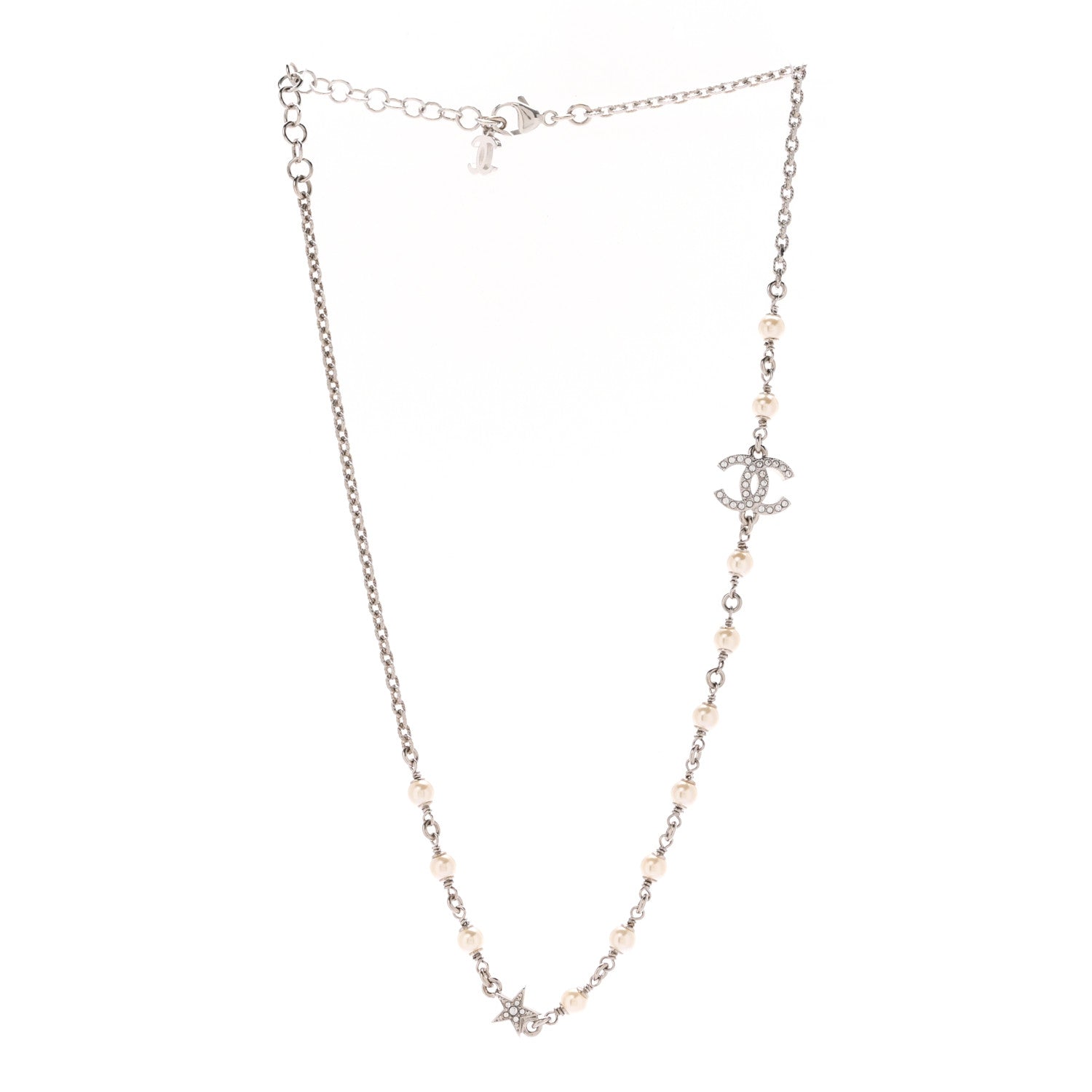 Chanel Crystal Pearl CC Star Necklace Silver 3 of 7