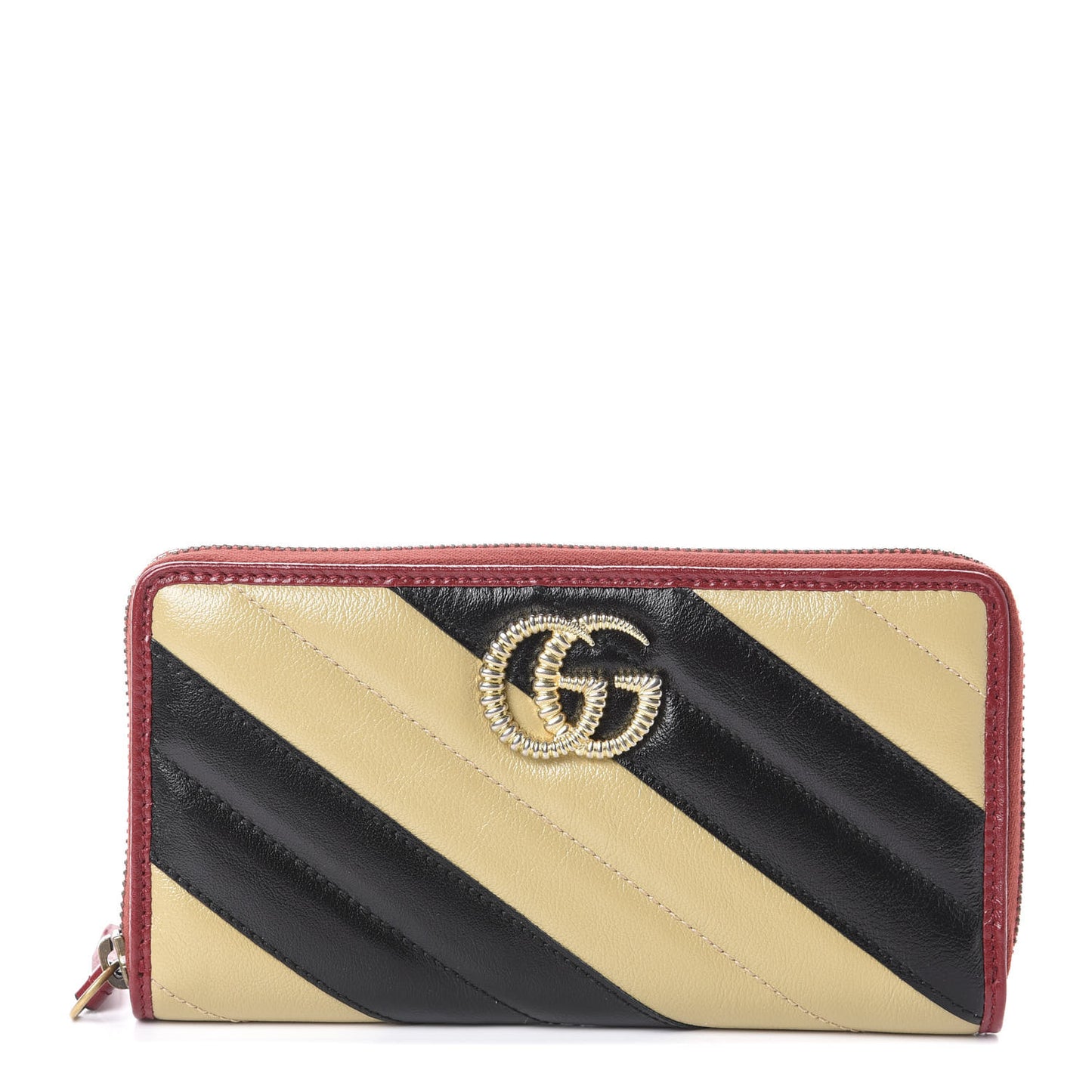 Azalea Calfskin Matelasse Diagonal Patchwork Torchon GG Marmont Zip Around Wallet Black Beige Romantic Cerise