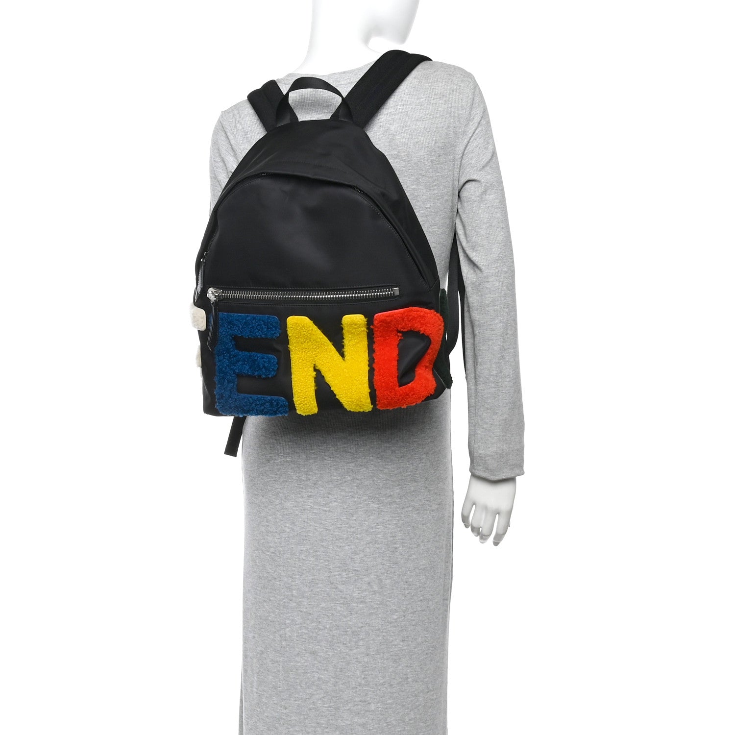 Fendi Nylon Shearling Block Letter Backpack Black 2 of 10
