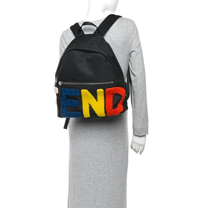 Fendi Nylon Shearling Block Letter Backpack Black 2 of 10
