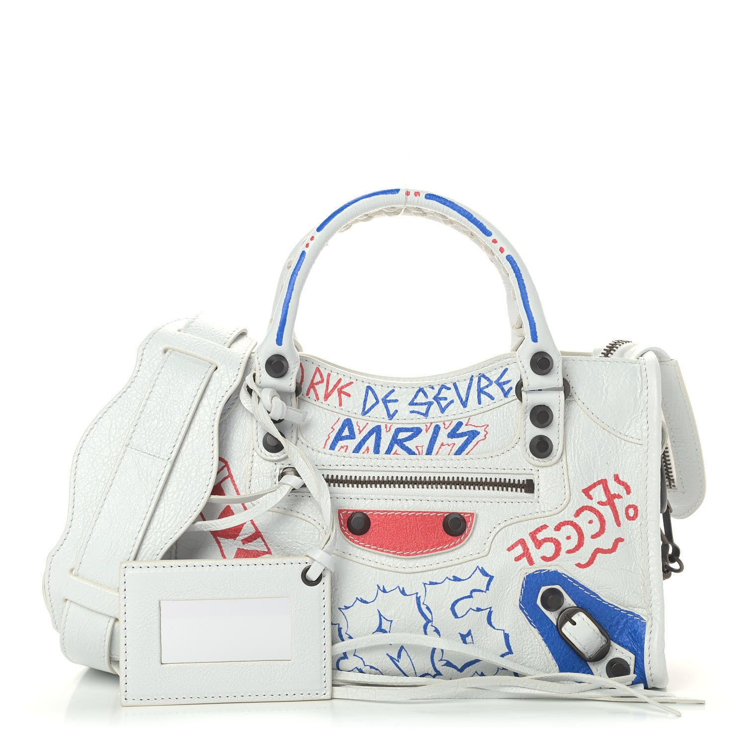 Balenciaga Agneau Graffiti All Over Classic Hardware Mini City White Bleu Rouge 1 of 9