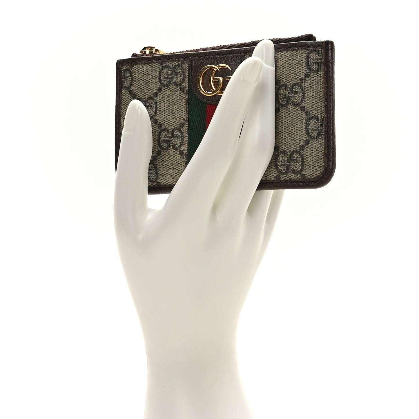 GG Supreme Monogram Web Ophidia Zip Card Case Brown