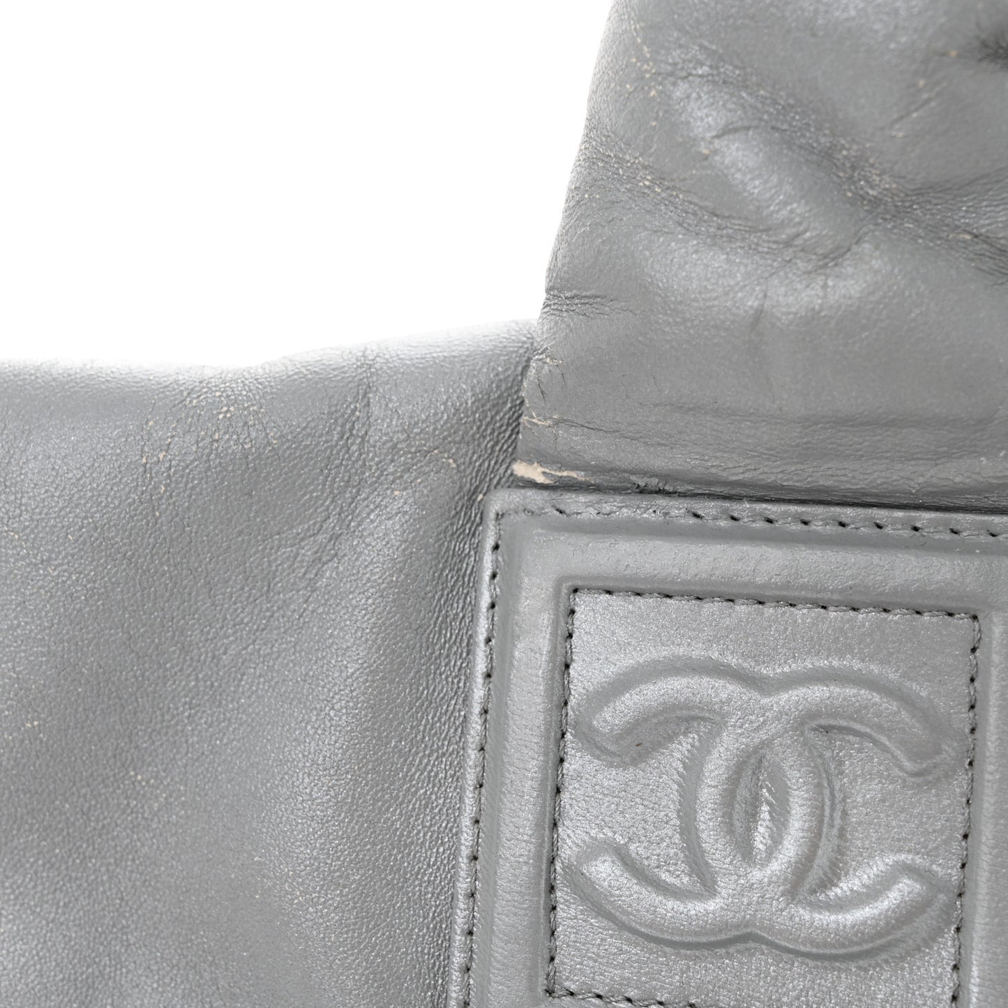 Metallic Lambskin Quilted Small Coco Cocoon Reversible Tote Light Grey