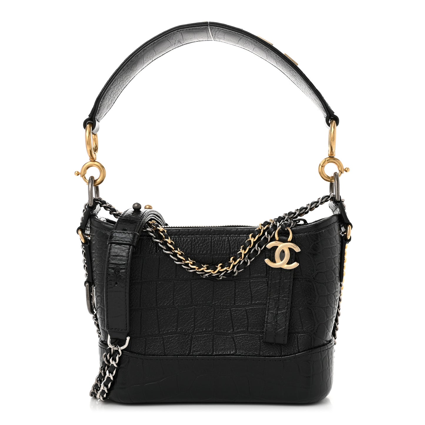 Crocodile Embossed Calfskin Small Gabrielle Cocodile Hobo Black