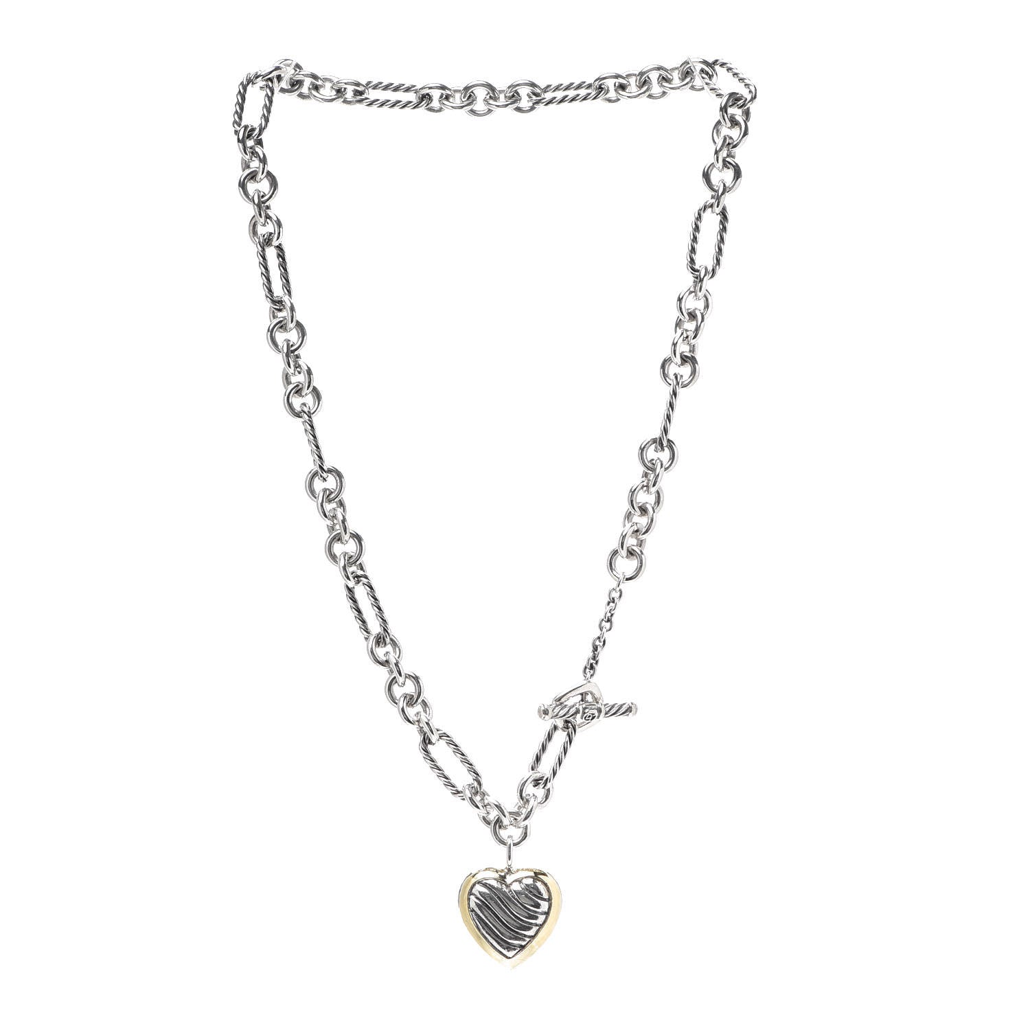David Yurman Sterling Silver 18K Yellow Gold Cable Heart Figaro Necklace 3 of 5
