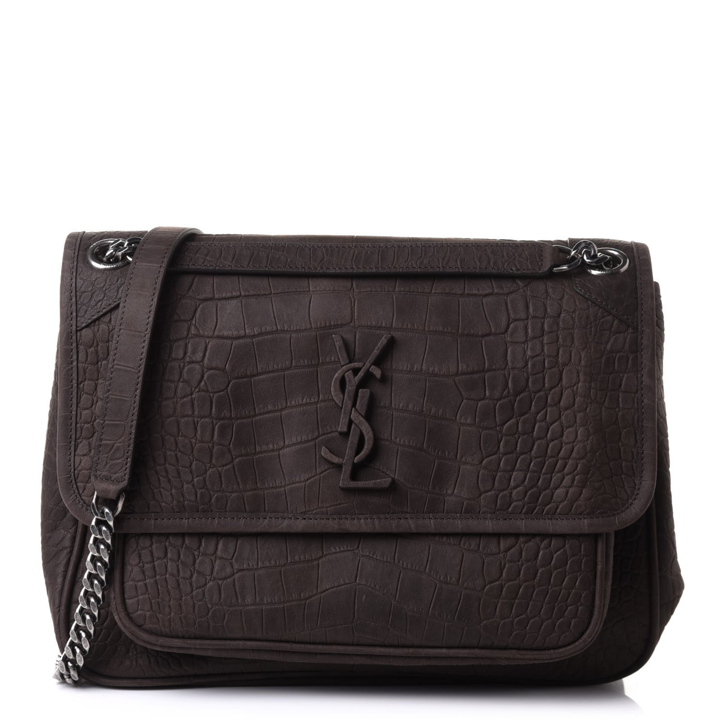 Nubuck Crocodile Embossed Monogram Medium Niki Chain Satchel Wood