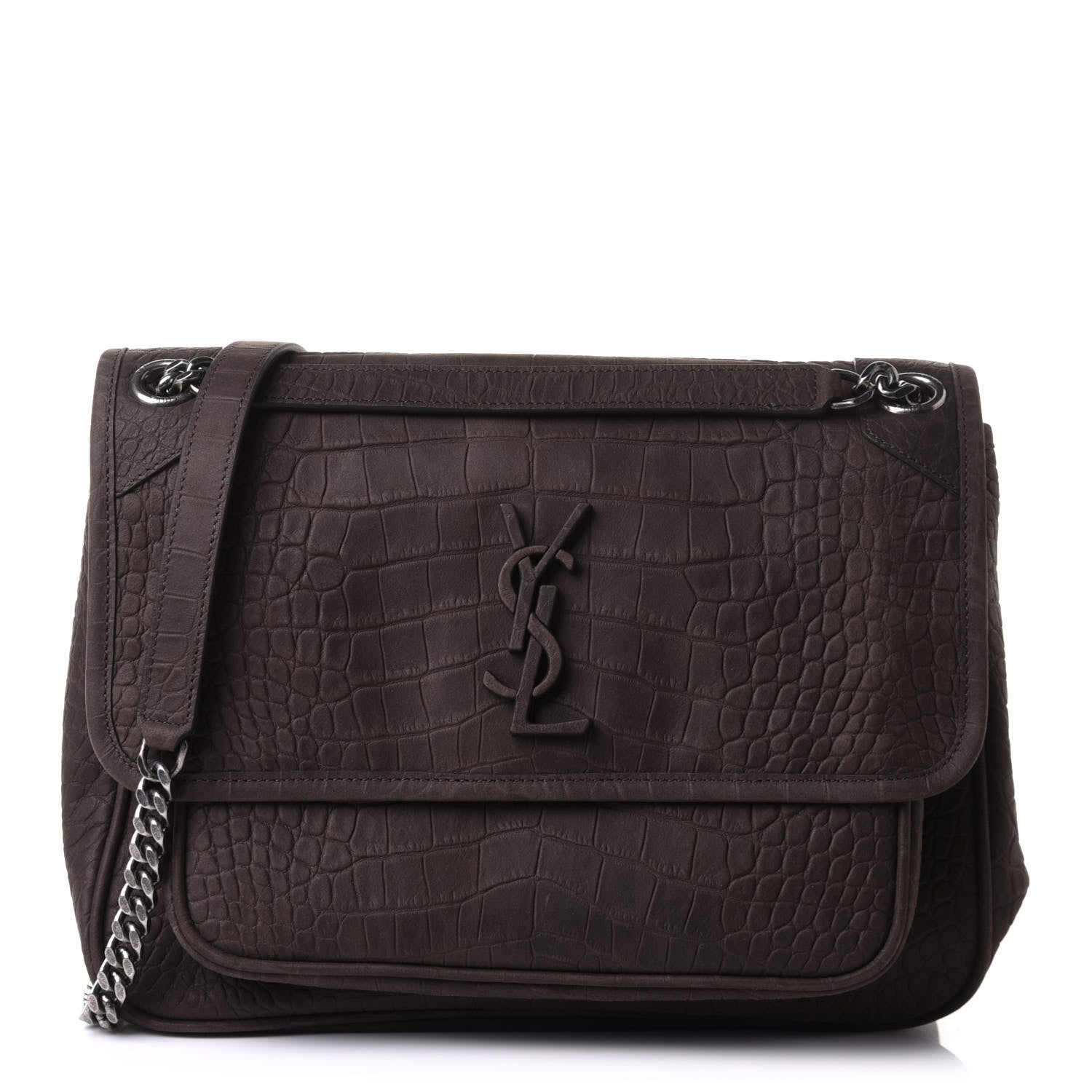 Saint Laurent Nubuck Crocodile Embossed Monogram Medium Niki Chain Satchel Wood 1 of 10
