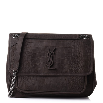 Saint Laurent Nubuck Crocodile Embossed Monogram Medium Niki Chain Satchel Wood 1 of 10