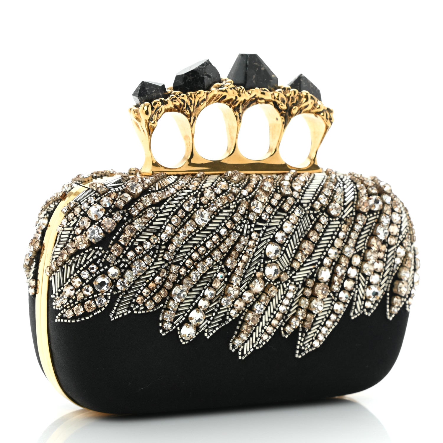 Alexander McQueen Satin Stone Eagle Embroidered Knuckle Box Clutch Black 3 of 11