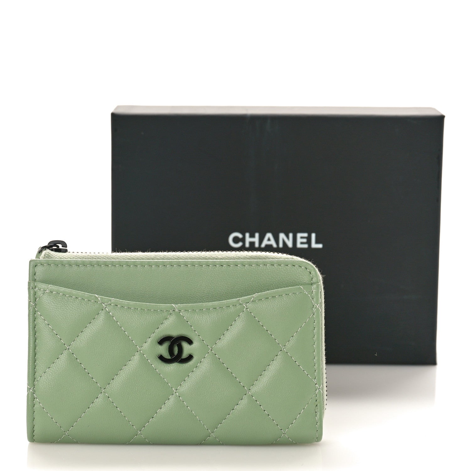 Chanel Lambskin Quilted CC Zip Around Card Holder Green 9 of 9