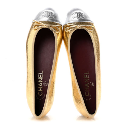 Chanel Metallic Crackled Laminated Calfskin CC Cap Toe Ballerina Flats 38.5 Gold Silver 2 of 10
