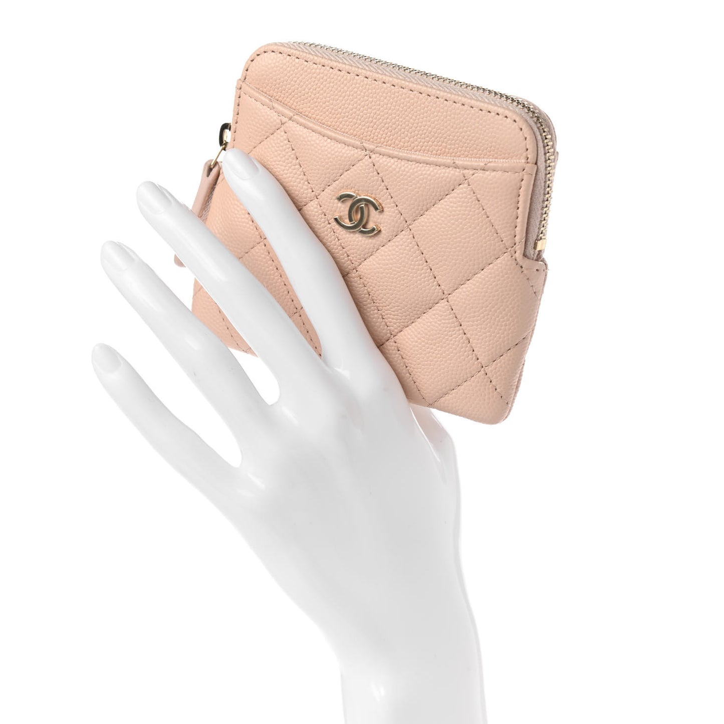 Caviar Quilted Zip Card Holder Wallet Light Beige