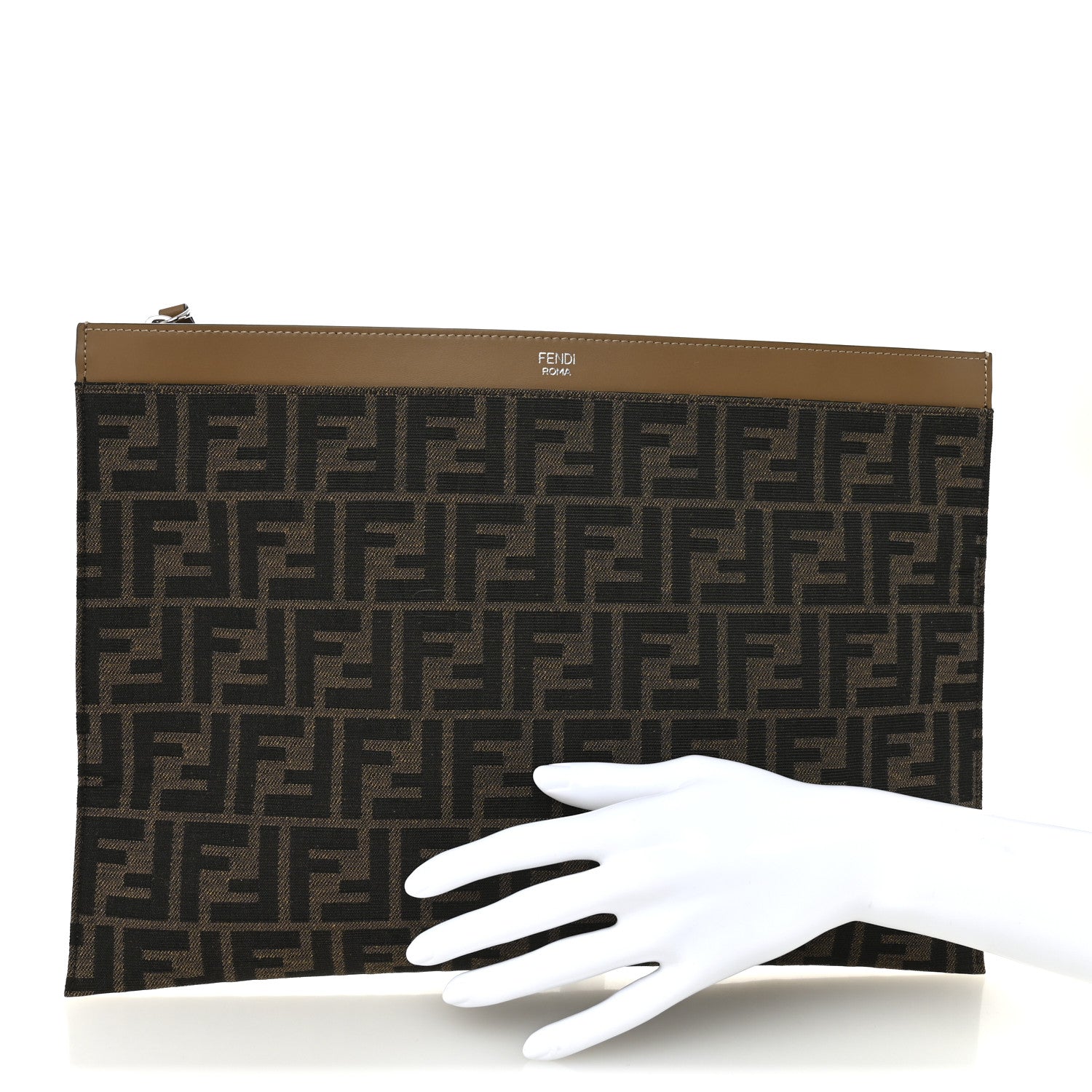 Fendi Vitello King Jacquard FF 1974 Large Flat Pouch Tobacco Moro Sand 2 of 8