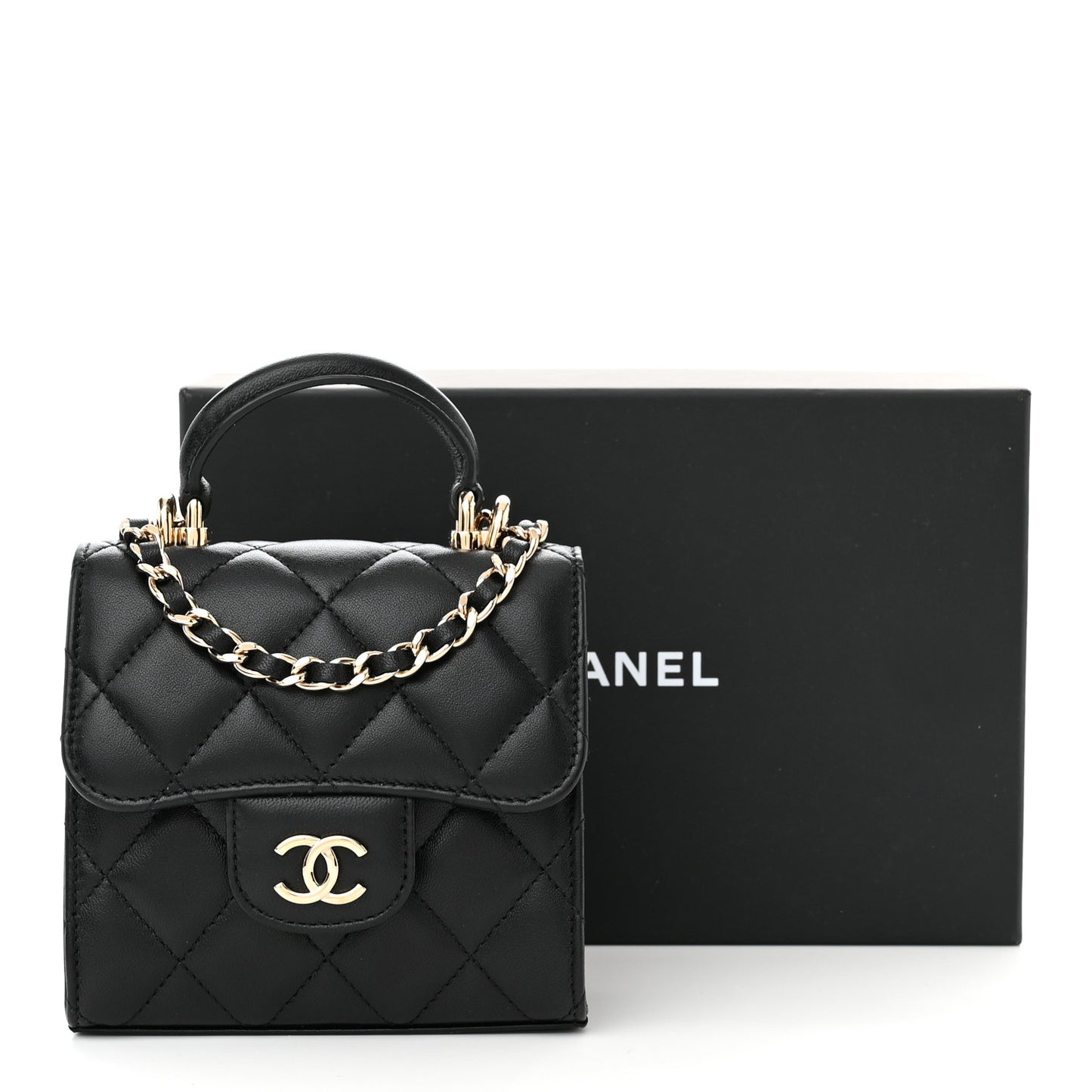 Lambskin Quilted Top Handle Flap Clutch With Chain Black