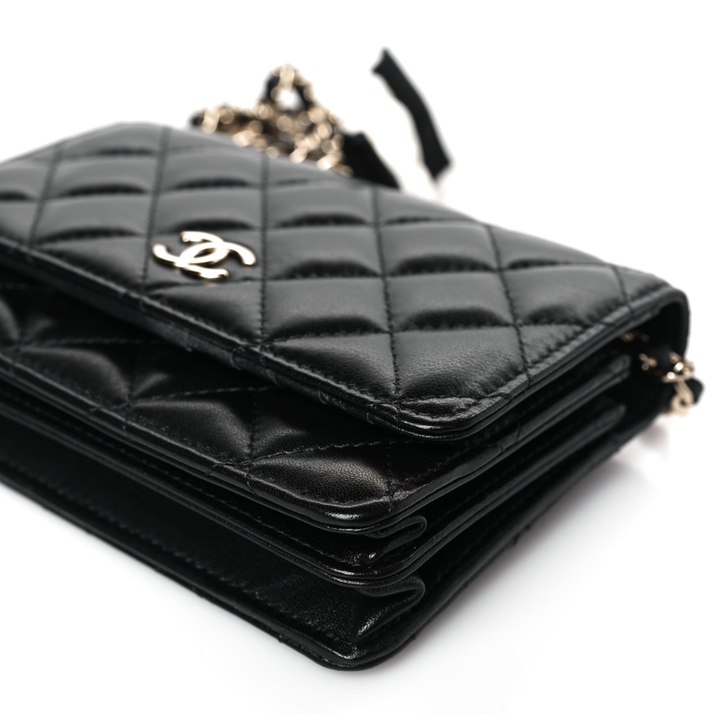 Lambskin Quilted Mini Camellia Bow Wallet On Chain WOC Black