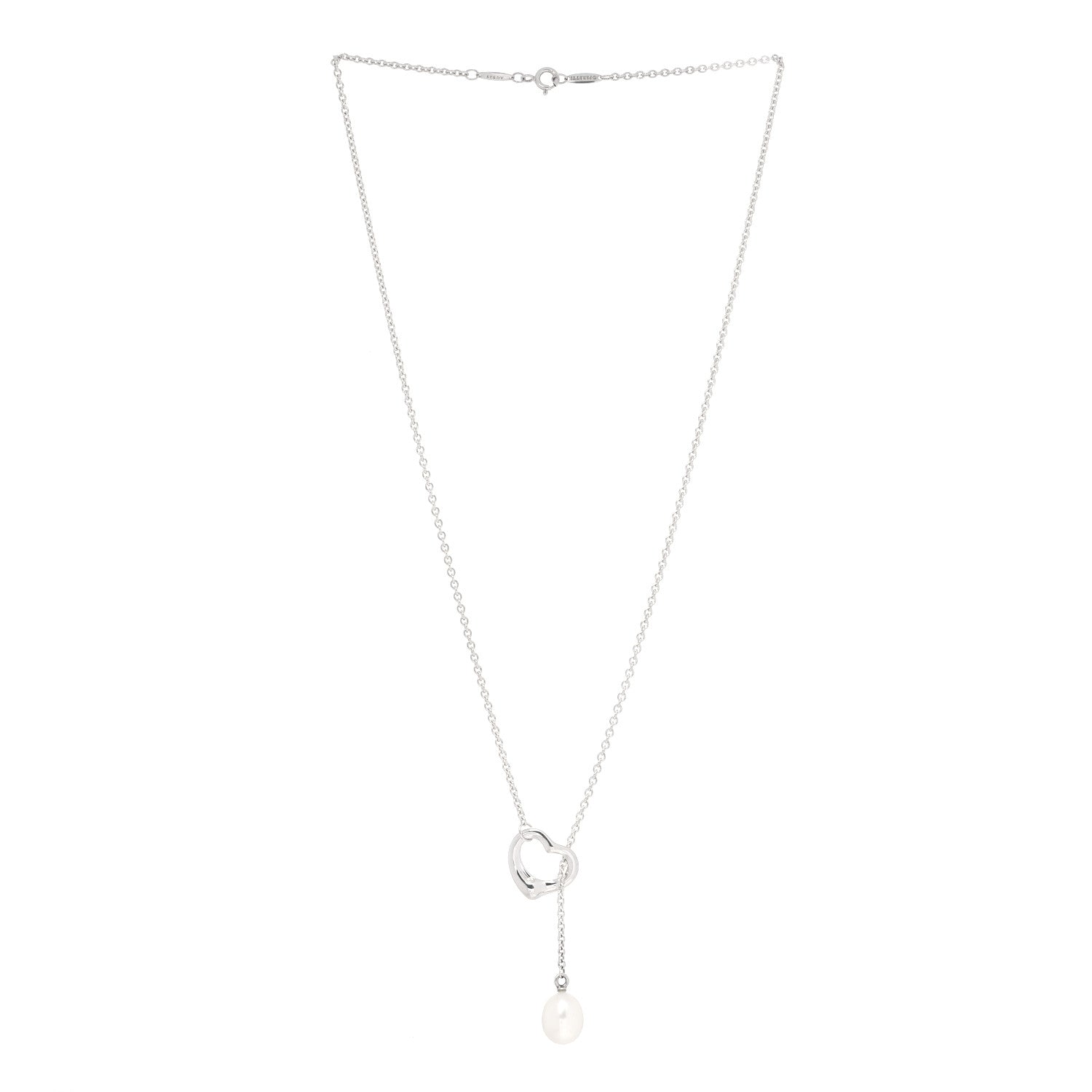Tiffany Sterling Silver Pearl 9-9.5mm Elsa Peretti Open Heart Lariat Necklace 2 of 5