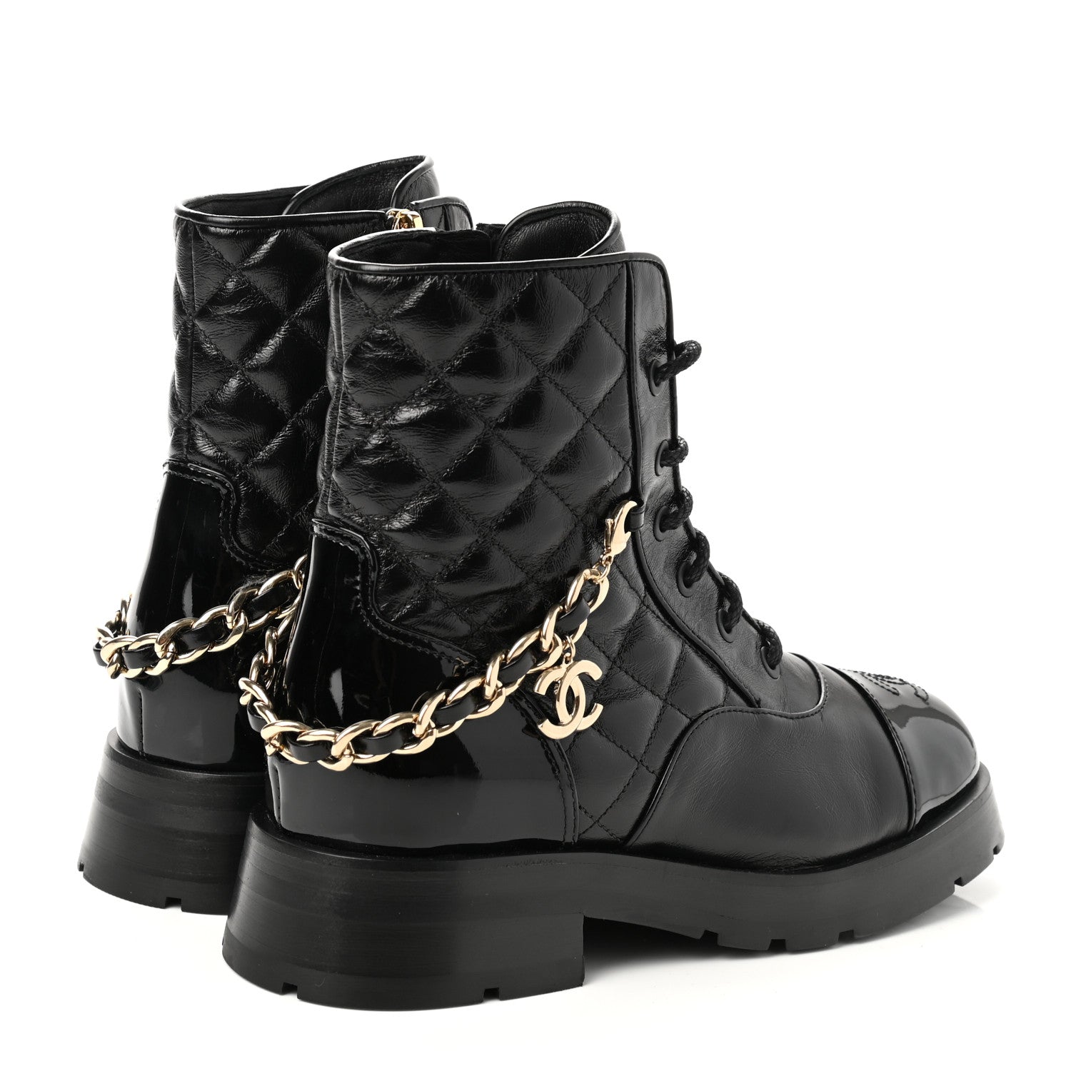 Chanel Shiny Calfskin Patent Quilted Chain Lace Up Combat Boots 35 Black 4 of 8