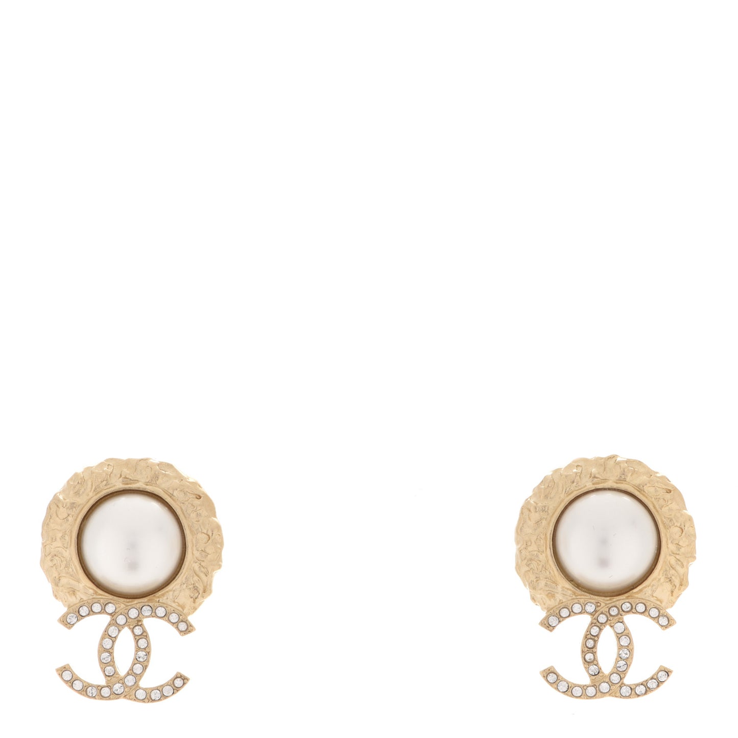 Crystal Pearl Textured CC Round Drop Earrings Gold