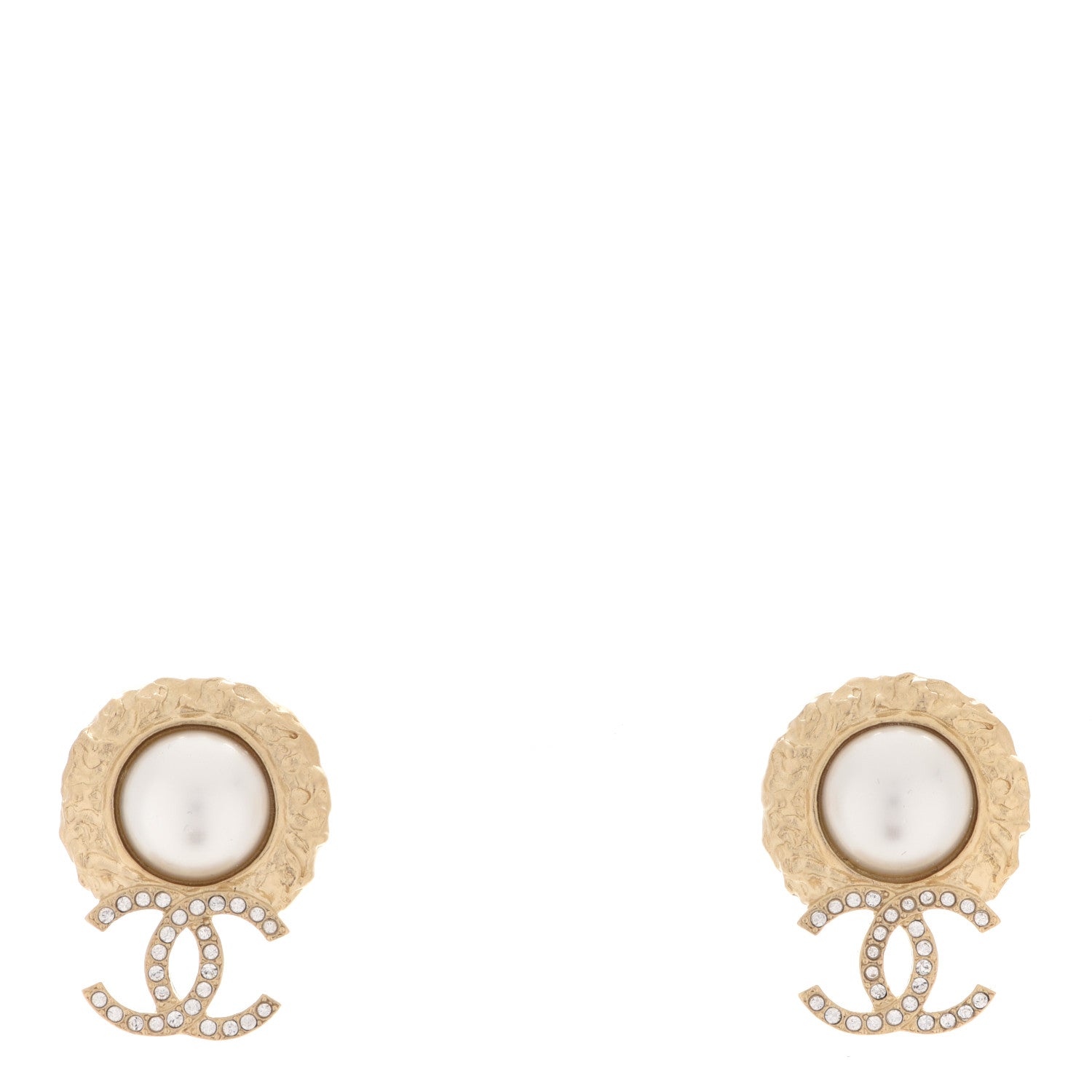 Chanel Crystal Pearl Textured CC Round Drop Earrings Gold 1 of 5