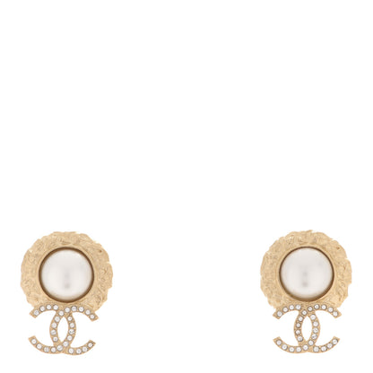 Chanel Crystal Pearl Textured CC Round Drop Earrings Gold 1 of 5
