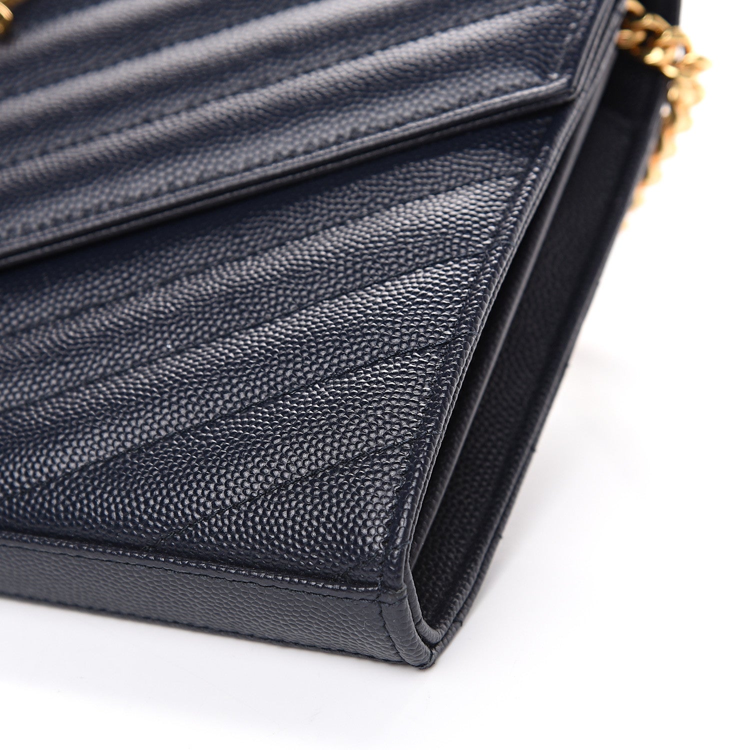 Saint Laurent Grain de Poudre Matelasse Chevron Medium Monogram Chain Wallet Navy 8 of 9