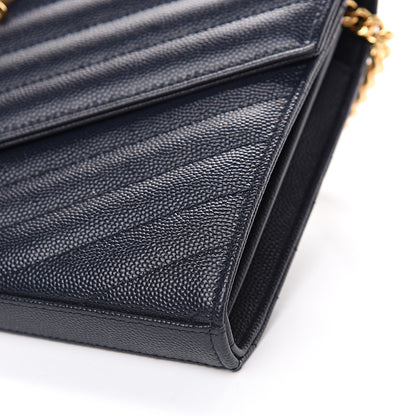 Saint Laurent Grain de Poudre Matelasse Chevron Medium Monogram Chain Wallet Navy 8 of 9