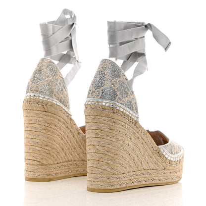 Gucci Lame GG Monogram Ankle Wrap Platform Espadrille Wedges 38 Silver Beige Light Grey 4 of 9