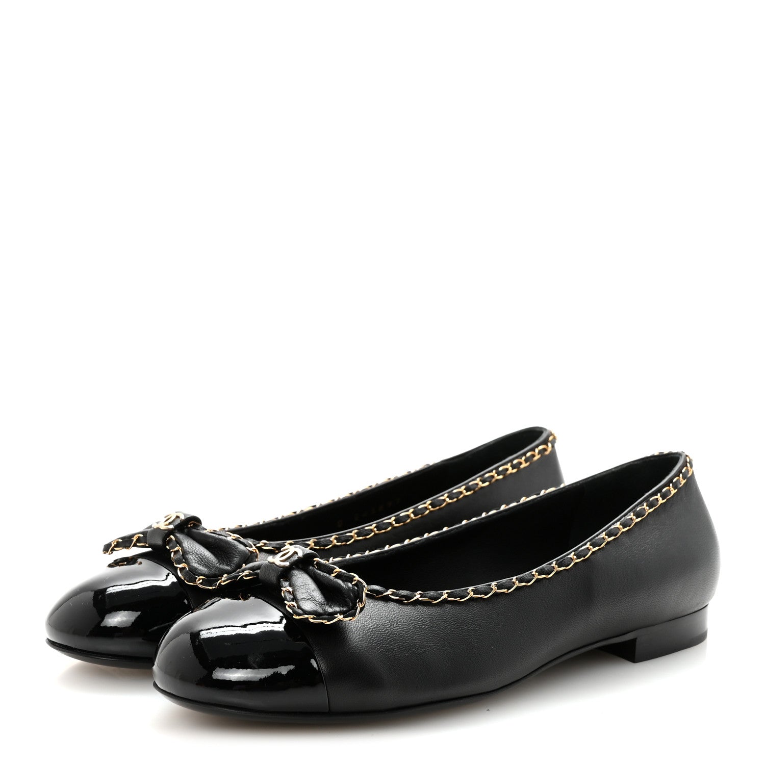 Chanel Lambskin Patent Cap Toe Chain Around Ballerina Flats 38.5 Black 4 of 11