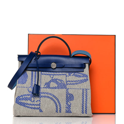 Hermes Vache Hunter Toile H Brides de Gala Herbag Zip Retourne 31 PM Bleu De France Ecru Black 13 of 13
