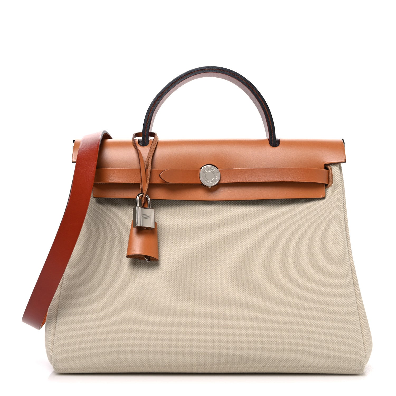 Hermes Military Toile Vache Hunter Herbag Zip Retourne 31 PM Beton Naturel Fauve Cuivre 1 of 12