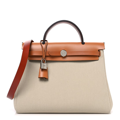 Hermes Military Toile Vache Hunter Herbag Zip Retourne 31 PM Beton Naturel Fauve Cuivre 1 of 12