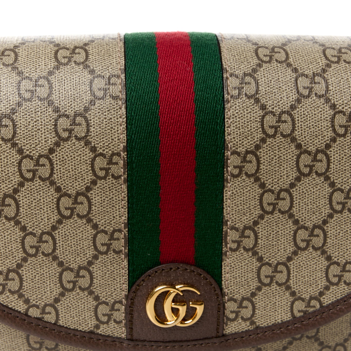 GG Supreme Monogram Textured Dollar Calfskin Web Studded Mini Ophidia Flap Shoulder Bag Beige Ebony New Acero