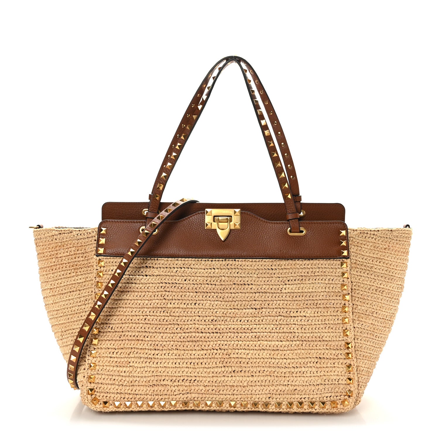 Valentino Garavani Raffia Calfskin Rockstud Tote Naturale Saddle Brown 1 of 8