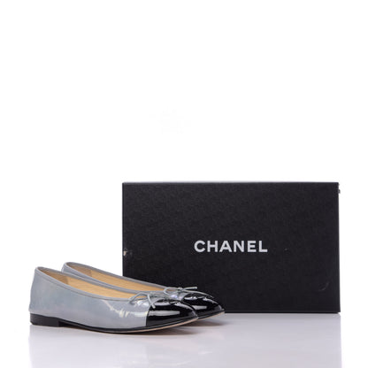 Chanel Patent Calfskin Cap Toe CC Ballerina Flats 37.5 Grey Black 10 of 10