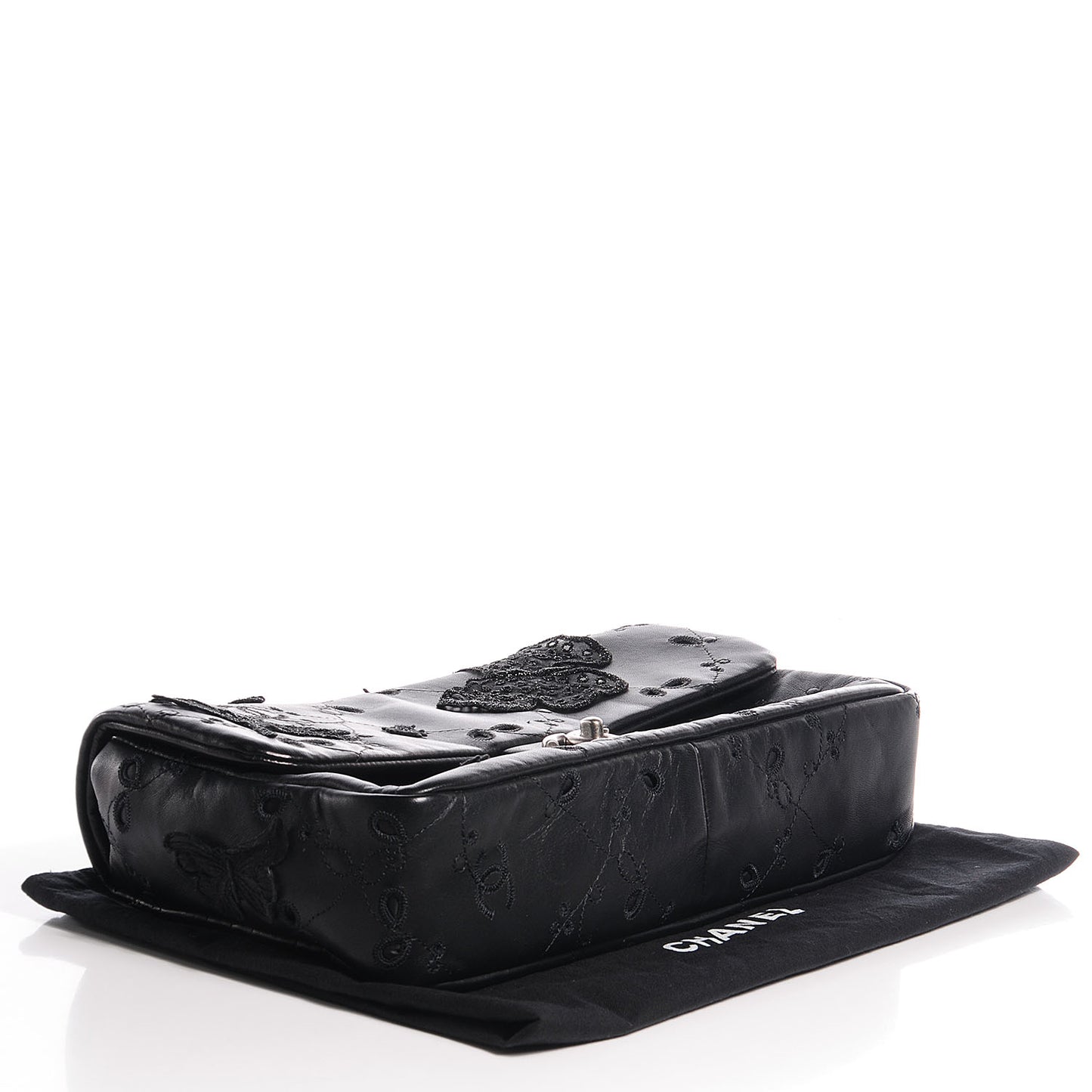 Lambskin Embroidered Butterfly Flap Black