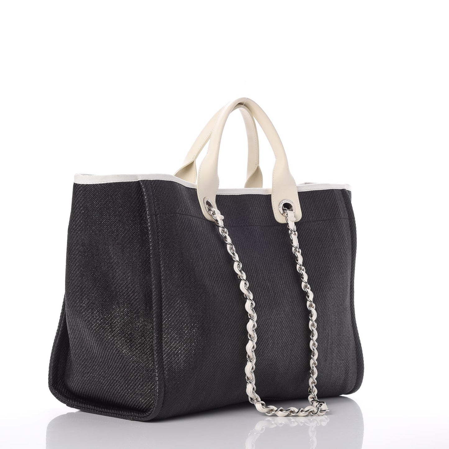 Woven Straw Raffia Large Deauville Tote Black White
