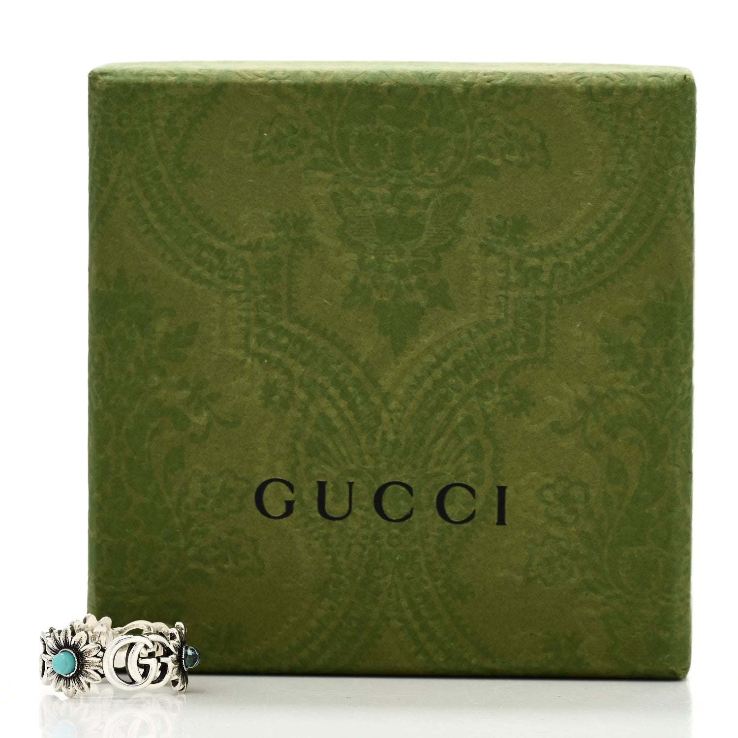Gucci Sterling Silver Mother of Pearl Blue Topaz Flower Marmont Double G Ring 53 6.5 7 of 7
