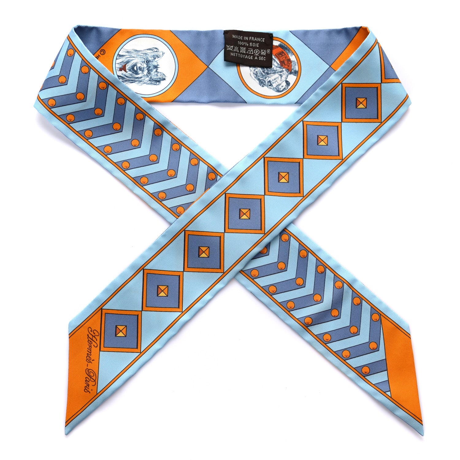 Hermes Silk Colliers Et Chiens Twilly Ciel Orange Gris Bleuete 1 of 4