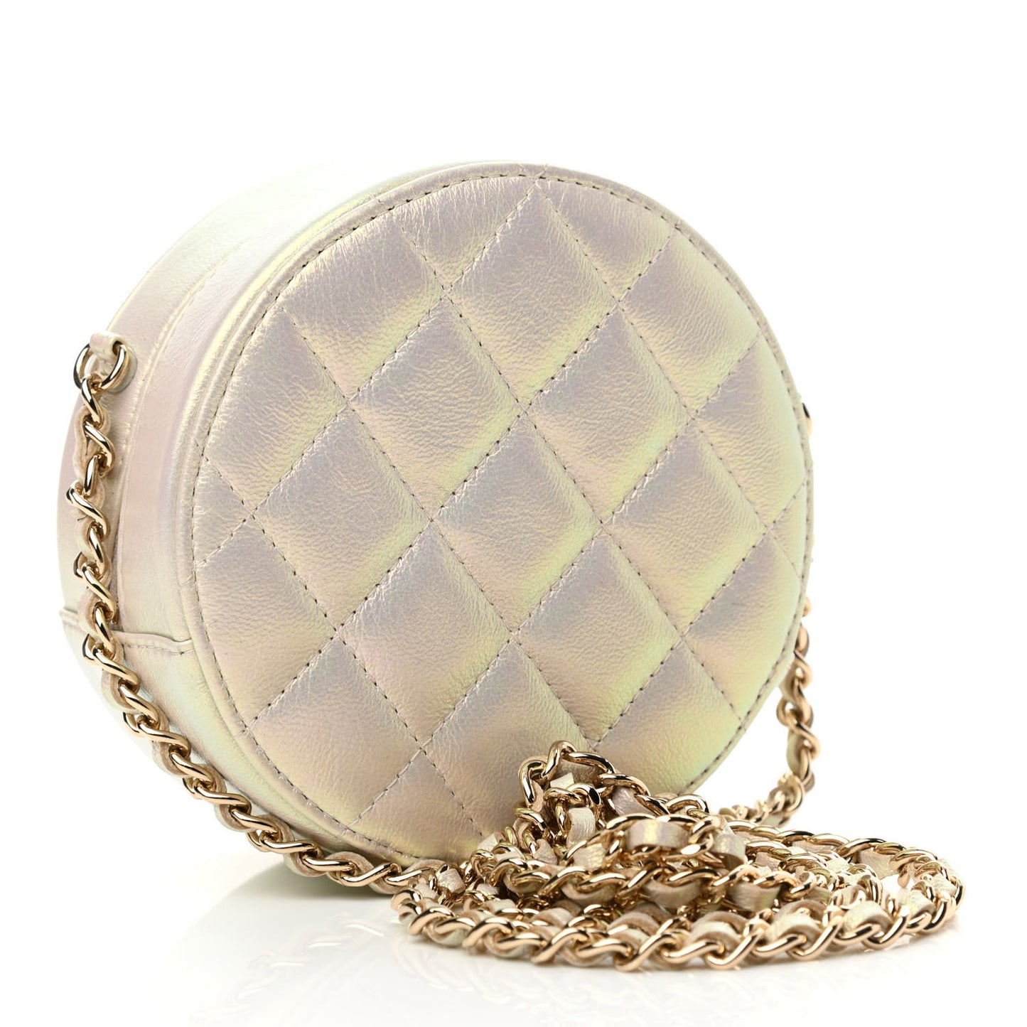 Iridescent Lambskin Quilted Round Clutch With Chain Ivory